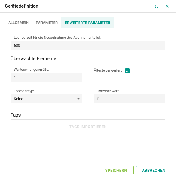 Registerkarte Erweiterte Parameter des OPC-UA-Geräts