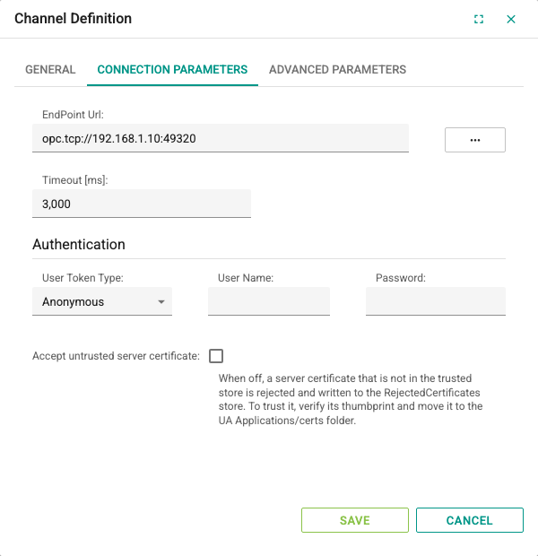 Connection Parameters tab of an OPC UA channel