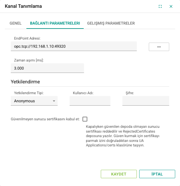 OPC UA kanalının Bağlantı Parametereleri sekmesi