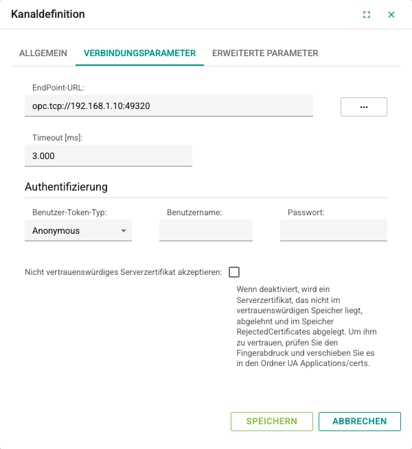 Registerkarte Verbindungsparameter des OPC-UA-Kanals