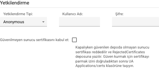 OPC UA kanalının Yetkilendirme grubu