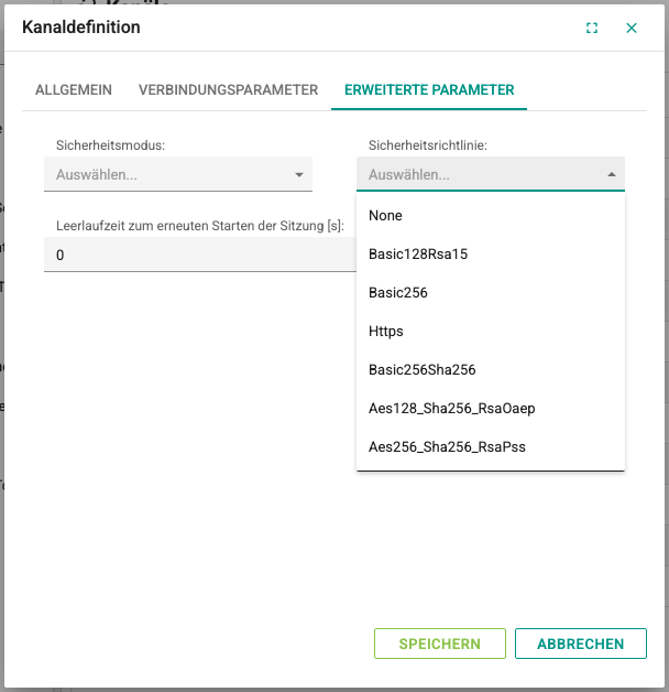 Liste Sicherheitsrichtlinie des OPC-UA-Kanals