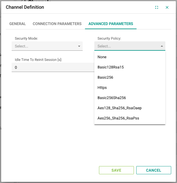 Security Policy list of an OPC UA channel