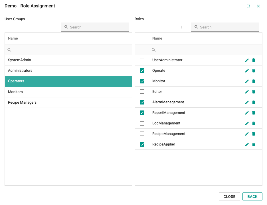 Adding a role to a user group screen