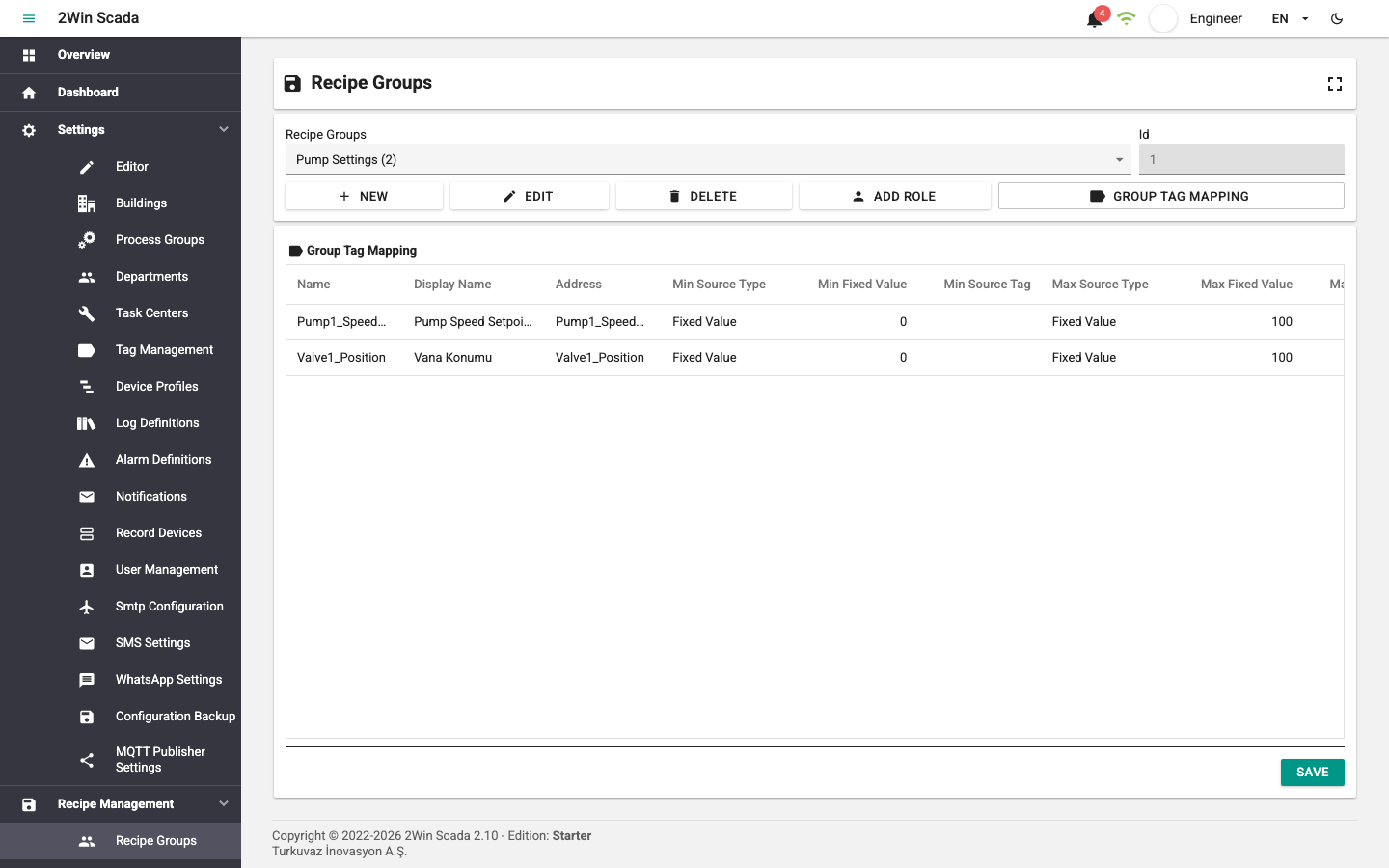 Recipe Groups screen