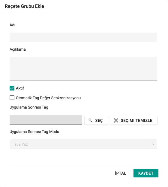Reçete Grubu Ekle ekran görüntüsü