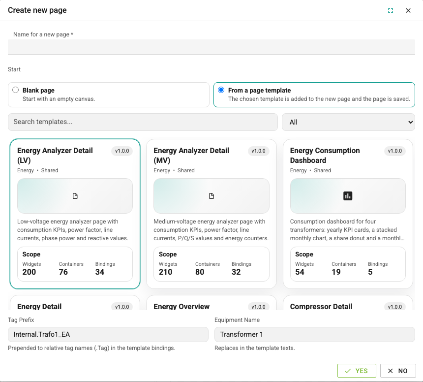 Creating a new page from a template screen