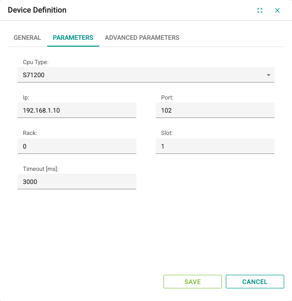 Parameters tab of the Siemens S7 TCP device window