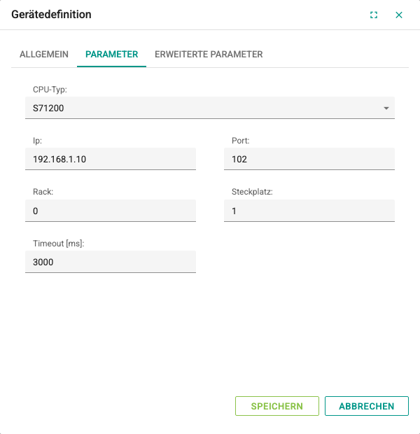 Registerkarte Parameter des Gerätefensters für Siemens S7 TCP