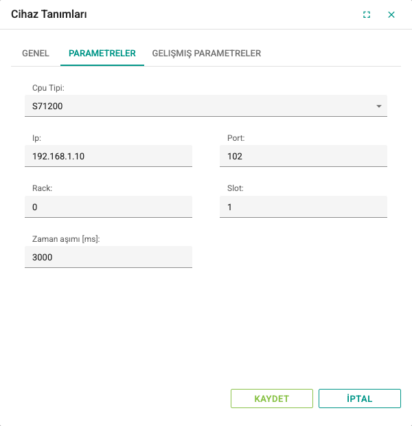 Siemens S7 TCP cihaz penceresinin Parametreler sekmesi