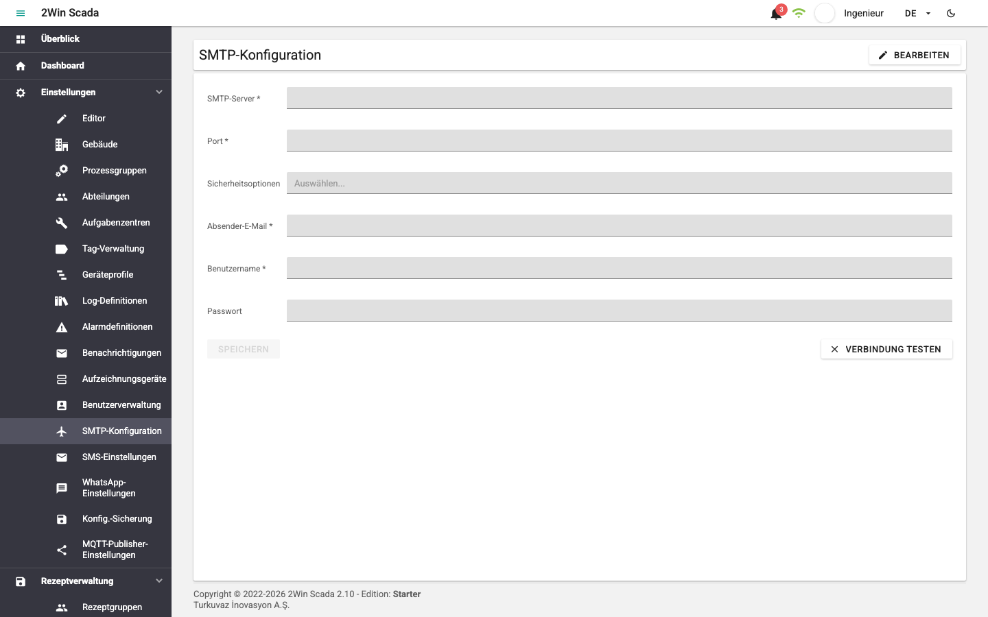 Bildschirm SMTP-Einstellungen