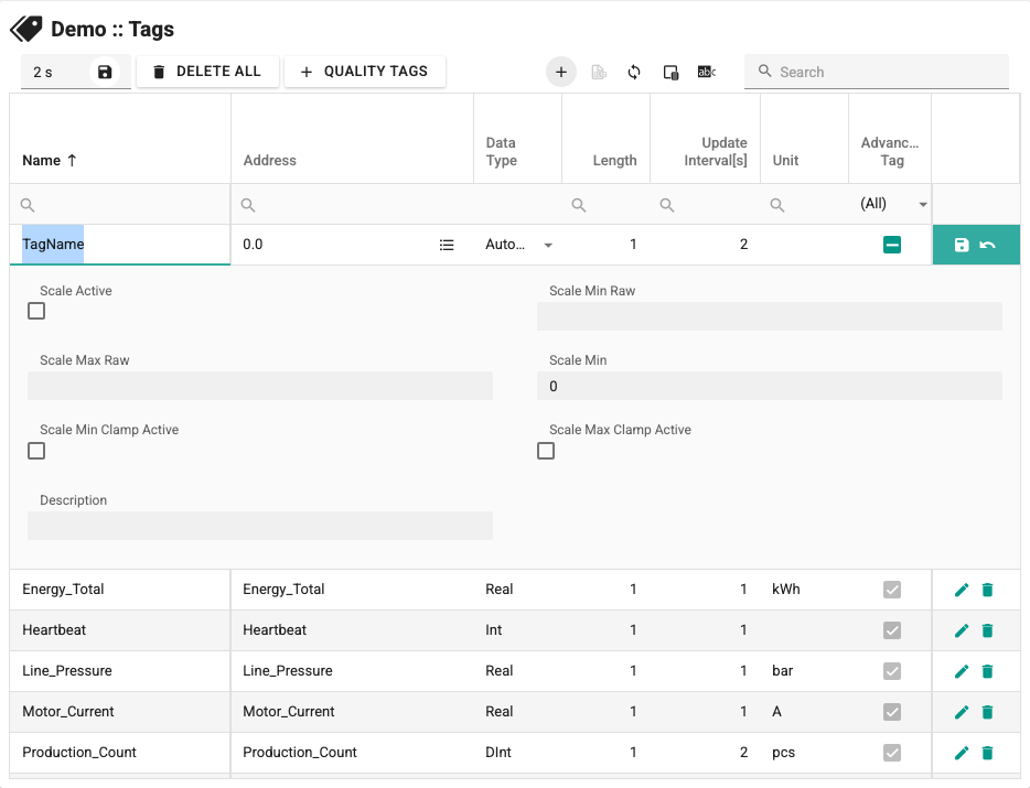 Tag Definition screen