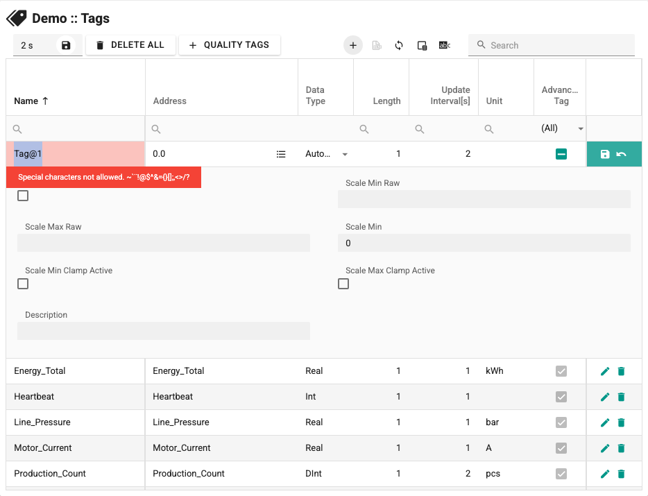 Tag Definition screen