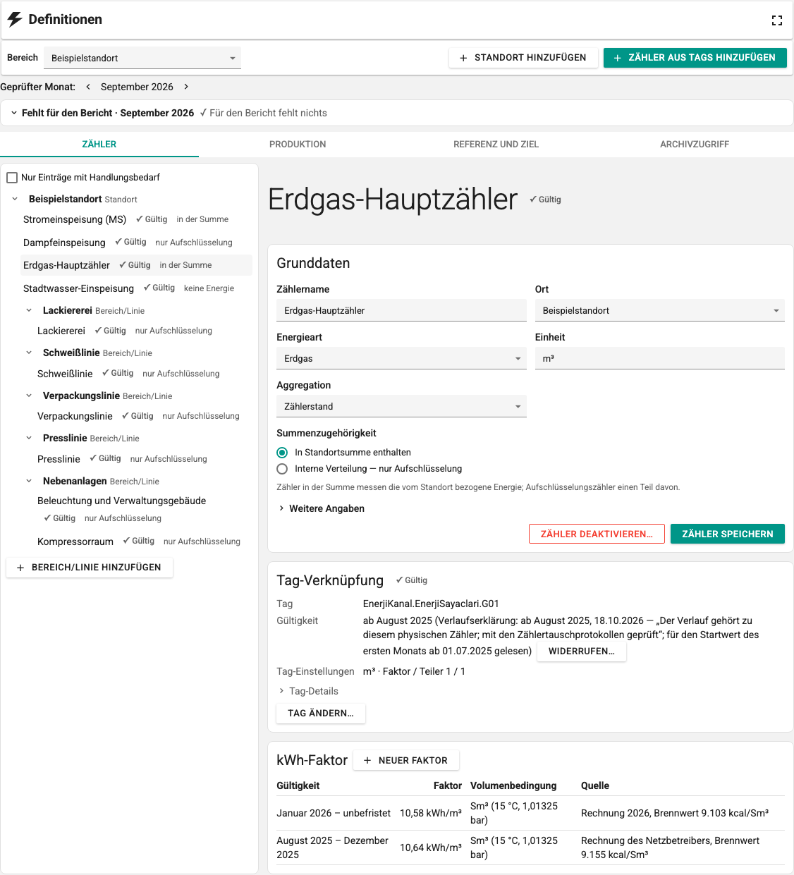 Bildschirm Definitionen, Registerkarte Zähler: Bereichsbaum und Details des Erdgaszählers