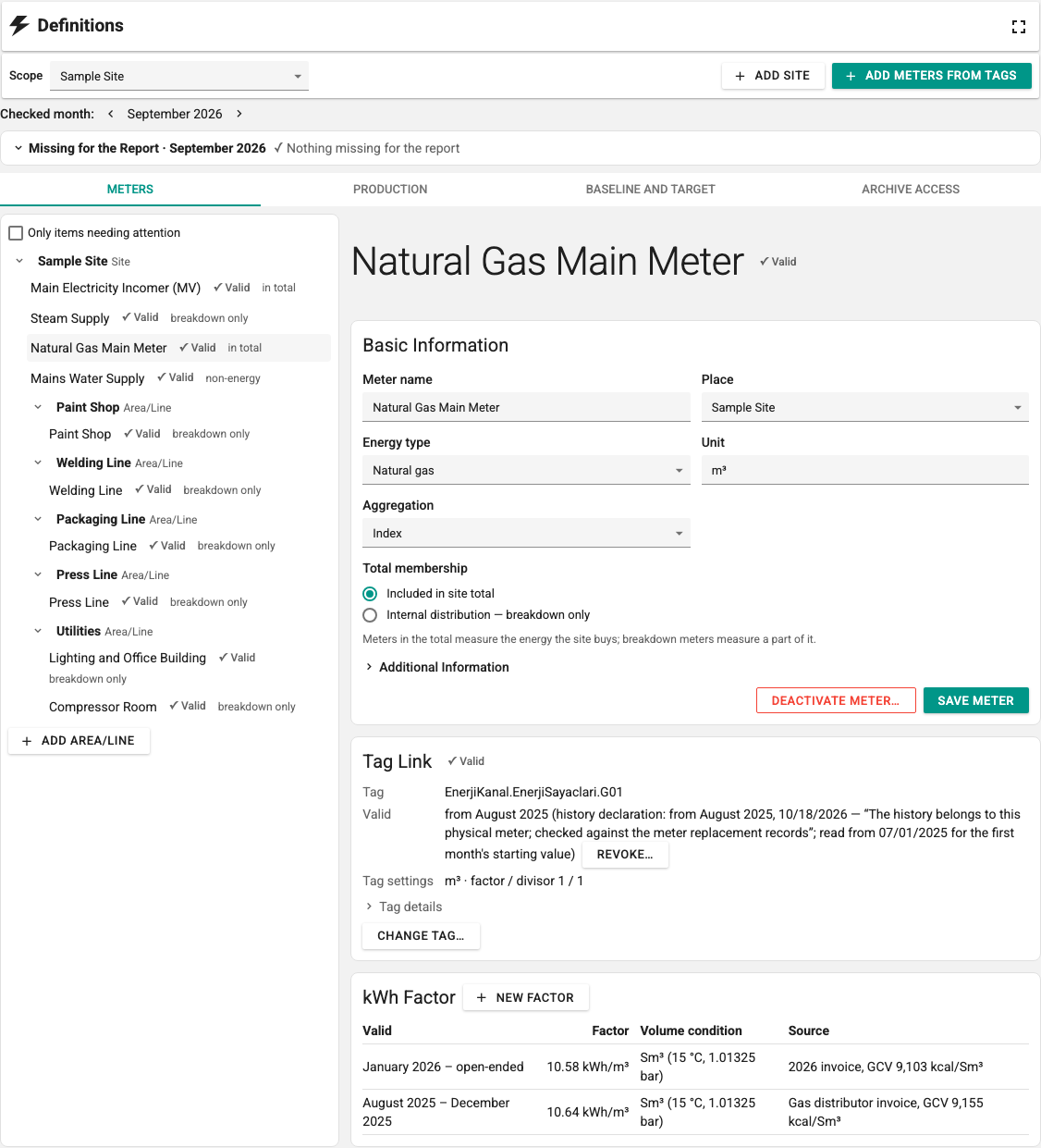 Definitions screen, Meters tab: scope tree and natural gas meter details