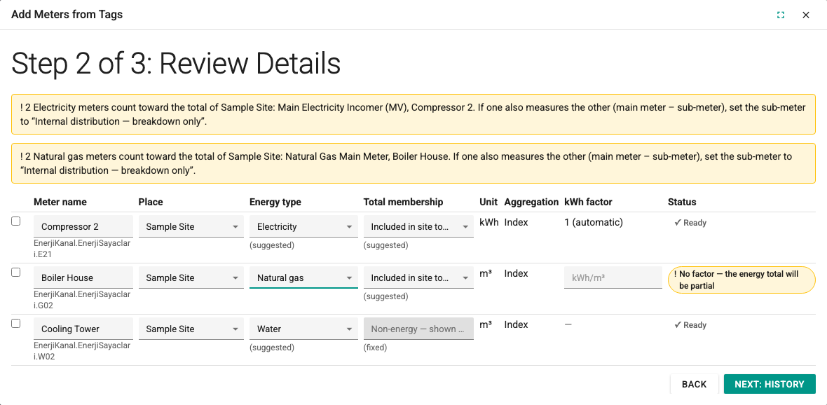Add Meters from Tags, step 2: double-counting warnings and a natural gas row without a factor