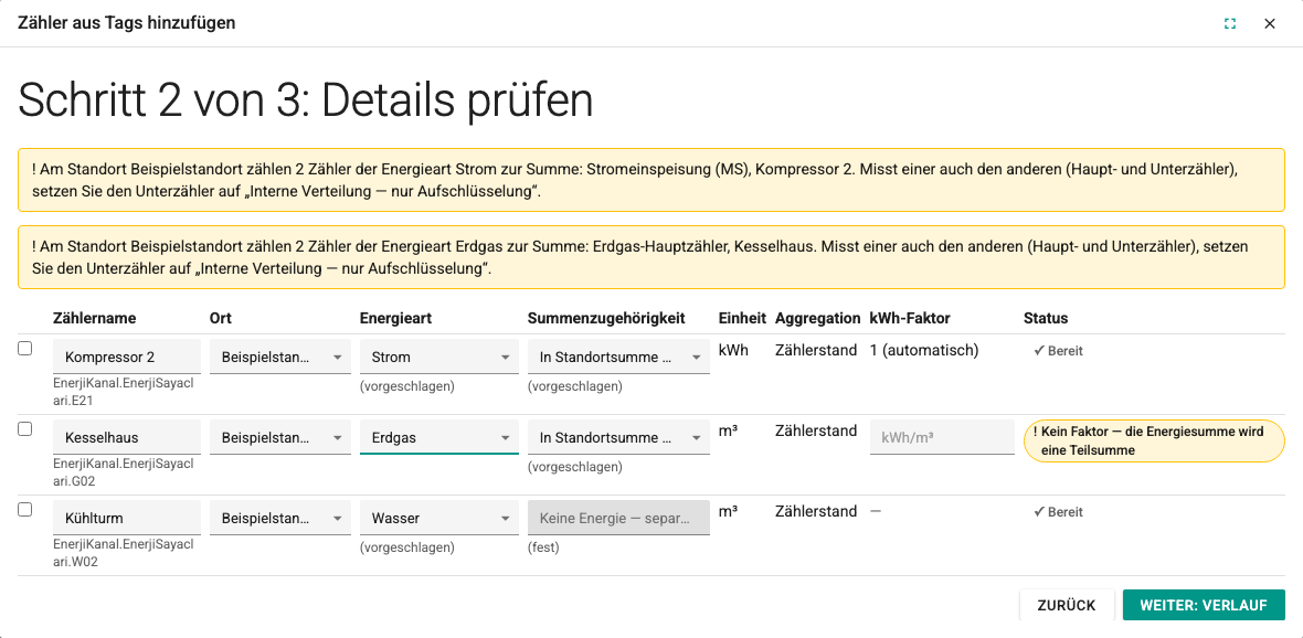Zähler aus Tags hinzufügen, Schritt 2: Warnungen vor Doppelzählung und eine Erdgaszeile ohne Faktor