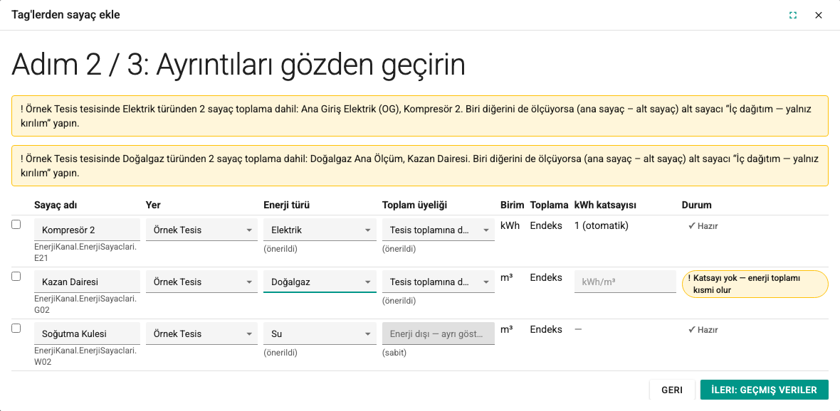 Tag'lerden sayaç ekle, Adım 2: çift sayım uyarıları ve katsayısı olmayan doğalgaz satırı
