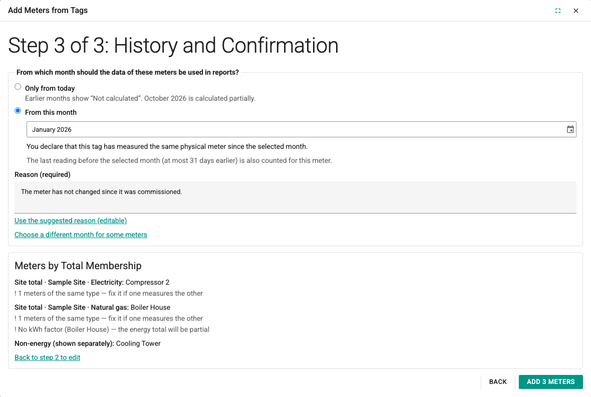 Add Meters from Tags, step 3: From this month declaration, reason and the Meters by Total Membership summary